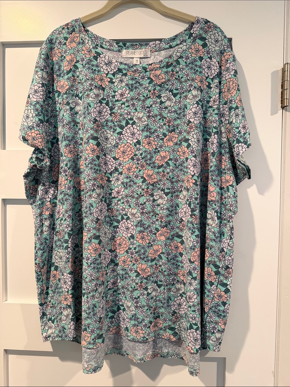Planet Gold Mint Floral Short Sleeve Tee with Pink Accents